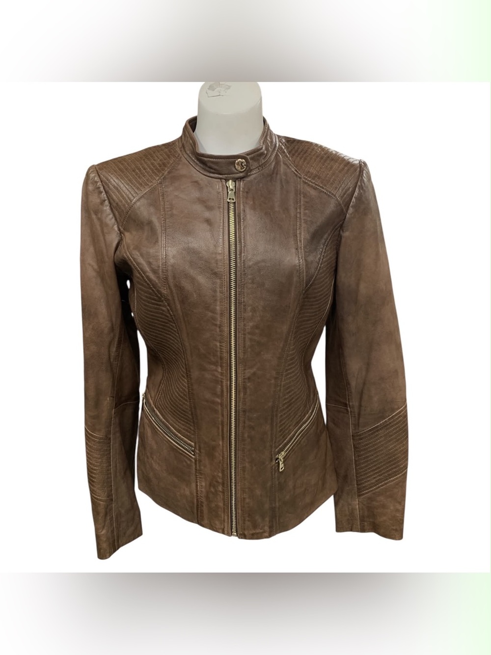 Danier Brown Fitted Leather Zip Jacket Size S